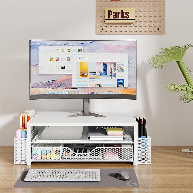 OPNICE Desk Organizers and Accessories, 2-Tier Computer Monitor Stand Riser with Drawer and 2 Pen Holders, Laptop Stand, Office Desk Accessories for Office Supplies, White - Image 2